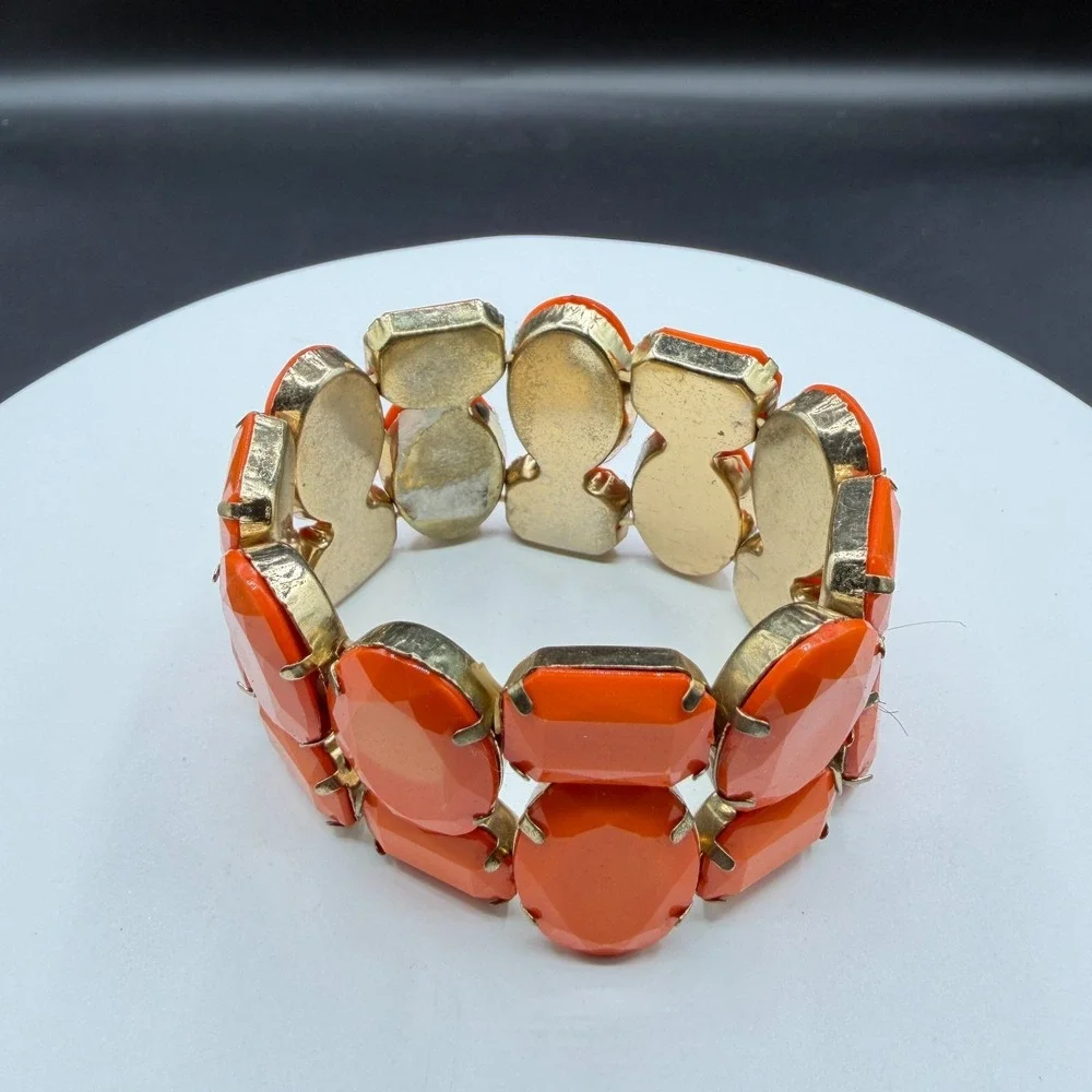 Orange Faceted Rhinestone Stretch Bracelet Chunky Statement Cocktail Boho Gift